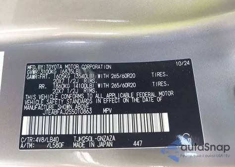 2025 Toyota Land Cruiser z USA, uszkodzony, nr VIN JTEABFAJ2S5010863